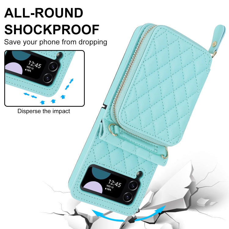 For Samsung Galaxy Z Flip4 Rhombic Texture Card Bag Phone Case with Dual Lanyard(Green) - Galaxy Z Flip4 5G Cases by buy2fix | Online Shopping UK | buy2fix
