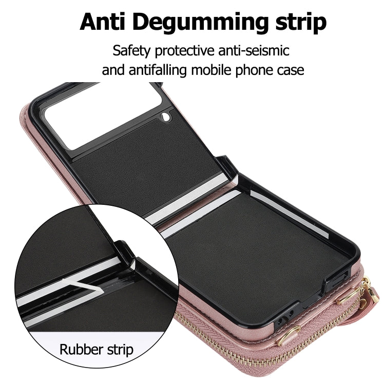 For Samsung Galaxy Z Flip4 Rhombic Texture Card Bag Phone Case with Dual Lanyard(Rose Gold) - Galaxy Z Flip4 5G Cases by buy2fix | Online Shopping UK | buy2fix