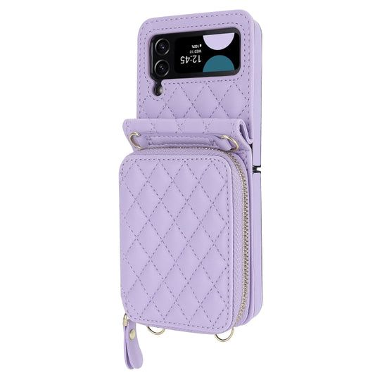 For Samsung Galaxy Z Flip4 Rhombic Texture Card Bag Phone Case with Dual Lanyard(Purple) - Galaxy Z Flip4 5G Cases by buy2fix | Online Shopping UK | buy2fix