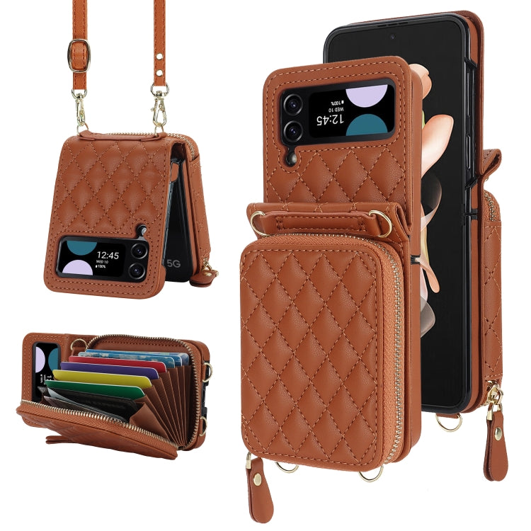 For Samsung Galaxy Z Flip4 Rhombic Texture Card Bag Phone Case with Dual Lanyard(Brown) - Galaxy Z Flip4 5G Cases by buy2fix | Online Shopping UK | buy2fix