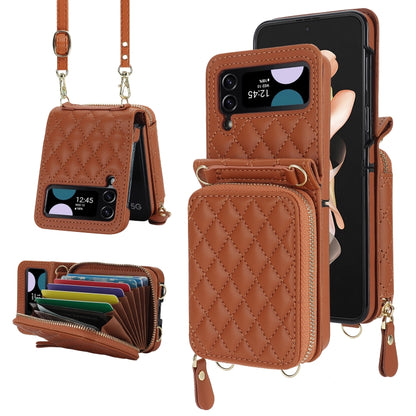 For Samsung Galaxy Z Flip4 Rhombic Texture Card Bag Phone Case with Dual Lanyard(Brown) - Galaxy Z Flip4 5G Cases by buy2fix | Online Shopping UK | buy2fix