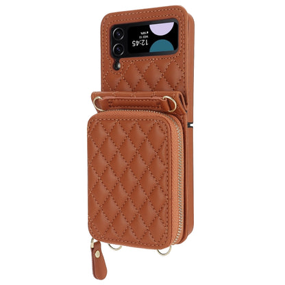 For Samsung Galaxy Z Flip4 Rhombic Texture Card Bag Phone Case with Dual Lanyard(Brown) - Galaxy Z Flip4 5G Cases by buy2fix | Online Shopping UK | buy2fix