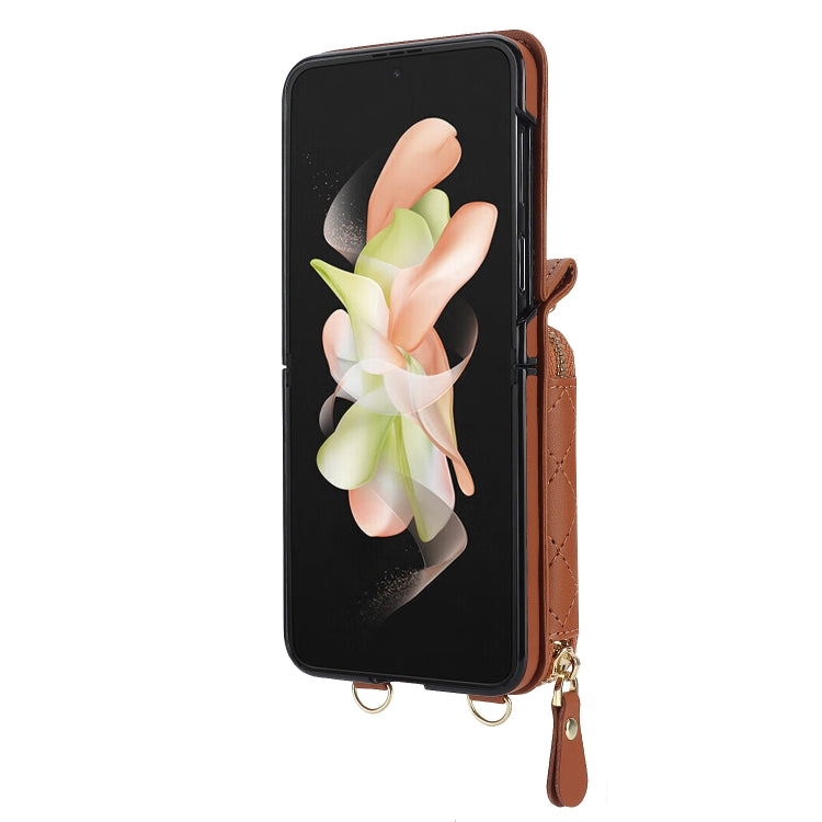 For Samsung Galaxy Z Flip4 Rhombic Texture Card Bag Phone Case with Dual Lanyard(Brown) - Galaxy Z Flip4 5G Cases by buy2fix | Online Shopping UK | buy2fix