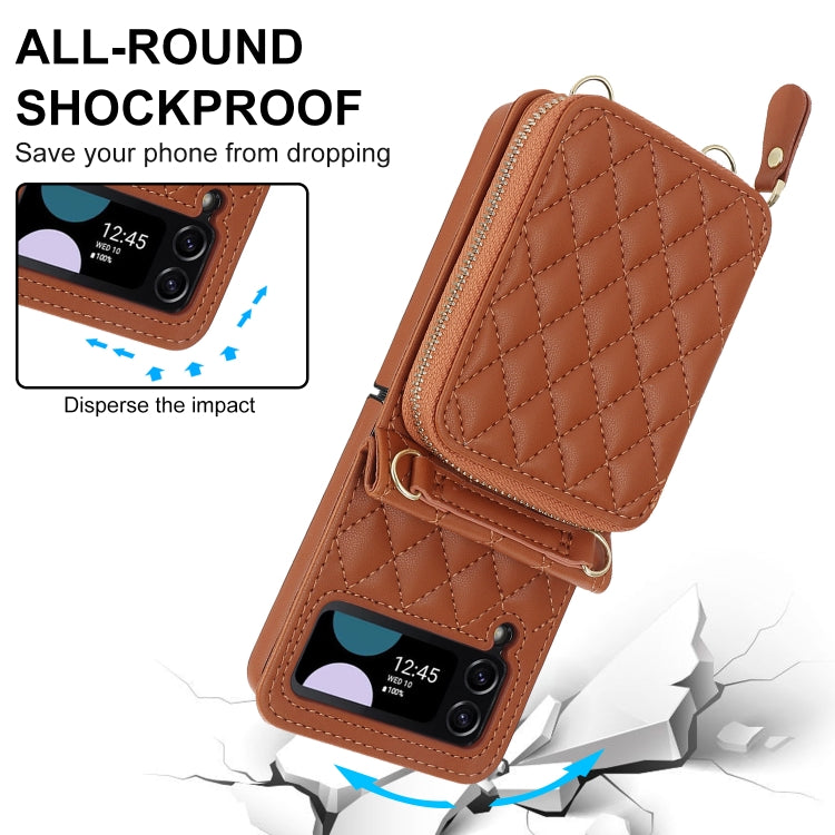 For Samsung Galaxy Z Flip4 Rhombic Texture Card Bag Phone Case with Dual Lanyard(Brown) - Galaxy Z Flip4 5G Cases by buy2fix | Online Shopping UK | buy2fix