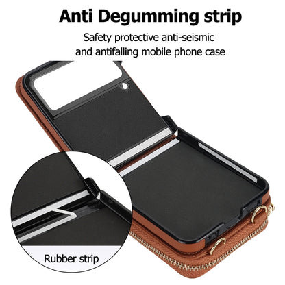 For Samsung Galaxy Z Flip4 Rhombic Texture Card Bag Phone Case with Dual Lanyard(Brown) - Galaxy Z Flip4 5G Cases by buy2fix | Online Shopping UK | buy2fix