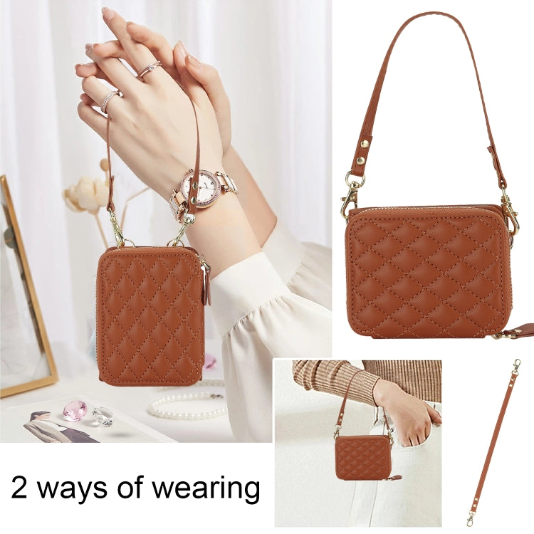 For Samsung Galaxy Z Flip4 Rhombic Texture Card Bag Phone Case with Dual Lanyard(Brown) - Galaxy Z Flip4 5G Cases by buy2fix | Online Shopping UK | buy2fix