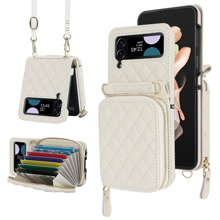 For Samsung Galaxy Z Flip4 Rhombic Texture Card Bag Phone Case with Dual Lanyard(White) - Galaxy Z Flip4 5G Cases by buy2fix | Online Shopping UK | buy2fix
