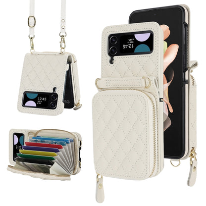 For Samsung Galaxy Z Flip4 Rhombic Texture Card Bag Phone Case with Dual Lanyard(White) - Galaxy Z Flip4 5G Cases by buy2fix | Online Shopping UK | buy2fix
