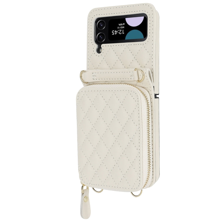 For Samsung Galaxy Z Flip4 Rhombic Texture Card Bag Phone Case with Dual Lanyard(White) - Galaxy Z Flip4 5G Cases by buy2fix | Online Shopping UK | buy2fix