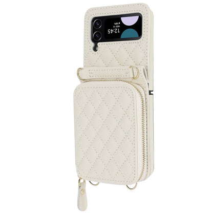 For Samsung Galaxy Z Flip4 Rhombic Texture Card Bag Phone Case with Dual Lanyard(White) - Galaxy Z Flip4 5G Cases by buy2fix | Online Shopping UK | buy2fix