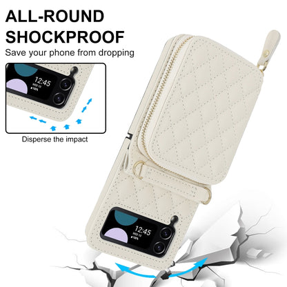 For Samsung Galaxy Z Flip4 Rhombic Texture Card Bag Phone Case with Dual Lanyard(White) - Galaxy Z Flip4 5G Cases by buy2fix | Online Shopping UK | buy2fix
