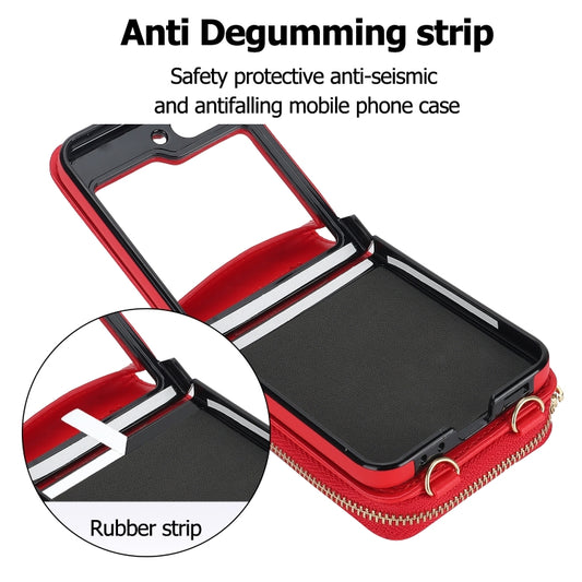 For Samsung Galaxy Z Flip6 / Flip7 FE Rhombic Texture Card Bag Phone Case with Dual Lanyard(Red) - Galaxy Z Flip6 5G Cases by buy2fix | Online Shopping UK | buy2fix