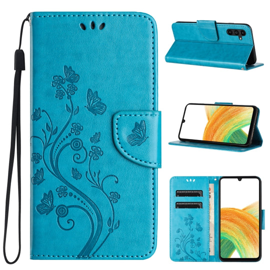 For Samsung Galaxy A15 Butterfly Flower Pattern Flip Leather Phone Case(Blue)