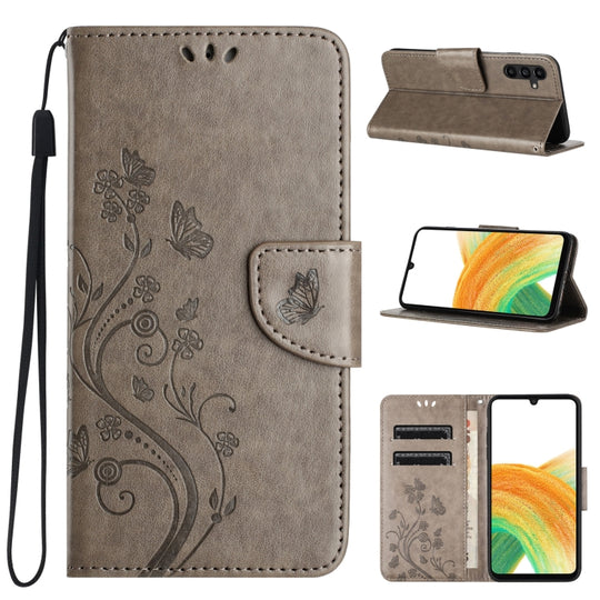 For Samsung Galaxy A35 Butterfly Flower Pattern Flip Leather Phone Case(Grey)