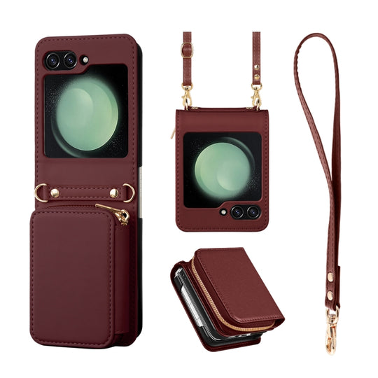 For Samsung Galaxy Z Flip5 Multifunctional Card Bag Phone Case(Wine Red)