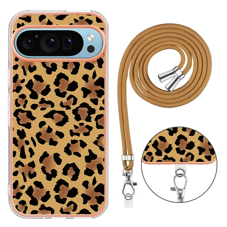 For Google Pixel 9 / 9 Pro Electroplating Dual-side IMD Phone Case with Lanyard(Leopard Print) by buy2fix
