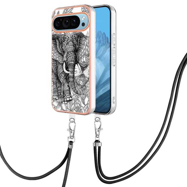 For Google Pixel 9 / 9 Pro Electroplating Dual-side IMD Phone Case with Lanyard(Totem Elephant) by buy2fix