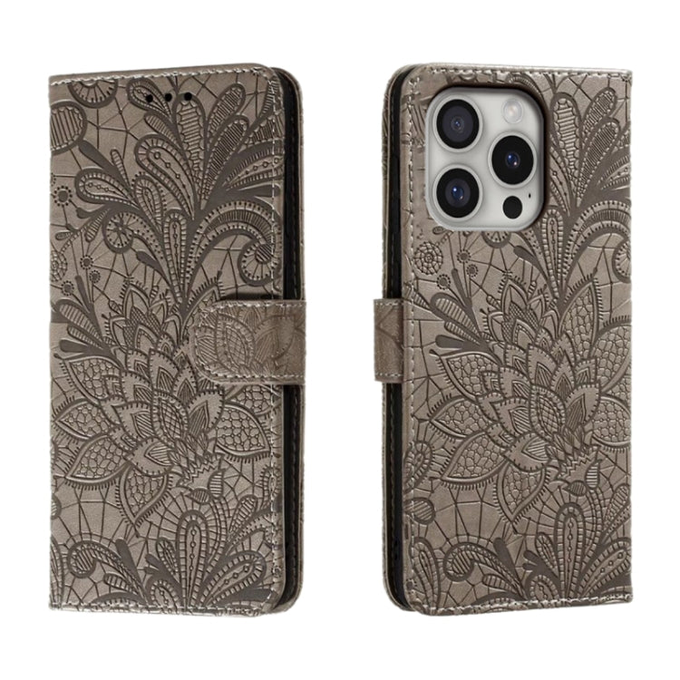 For iPhone 16 Pro Lace Flower Embossing Flip Leather Phone Case(Grey) by buy2fix