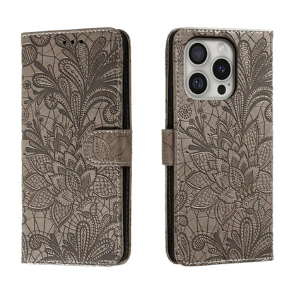 For iPhone 16 Pro Lace Flower Embossing Flip Leather Phone Case(Grey) by buy2fix