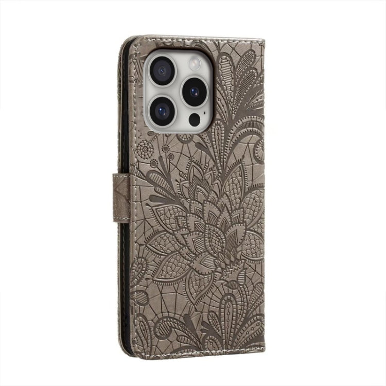 For iPhone 16 Pro Lace Flower Embossing Flip Leather Phone Case(Grey) by buy2fix