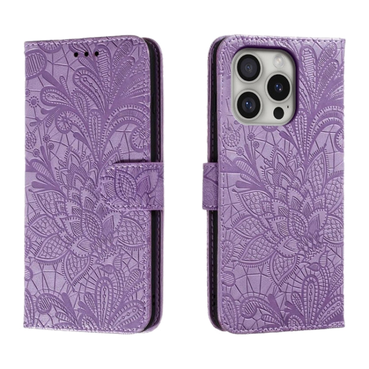 For iPhone 16 Pro Lace Flower Embossing Flip Leather Phone Case(Purple) by buy2fix