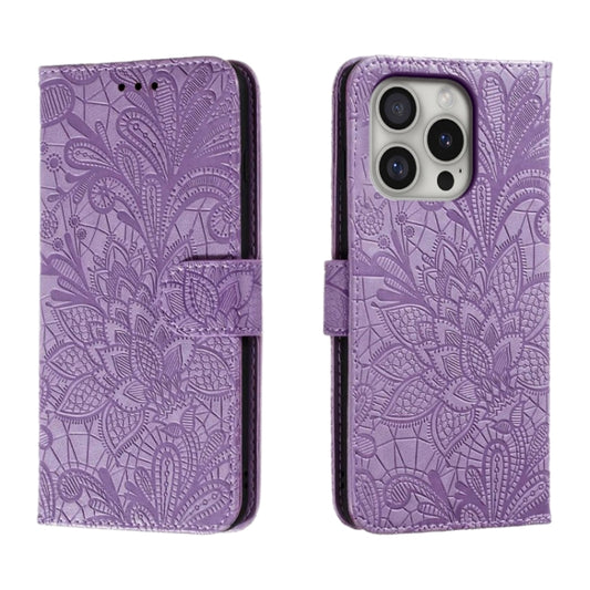 For iPhone 16 Pro Lace Flower Embossing Flip Leather Phone Case(Purple) by buy2fix