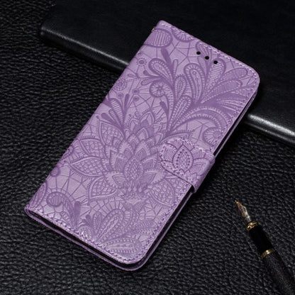 For iPhone 16 Pro Lace Flower Embossing Flip Leather Phone Case(Purple) by buy2fix