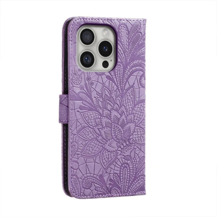For iPhone 16 Pro Lace Flower Embossing Flip Leather Phone Case(Purple) by buy2fix