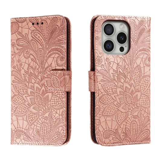 For iPhone 16 Pro Lace Flower Embossing Flip Leather Phone Case(Rose Gold) by buy2fix