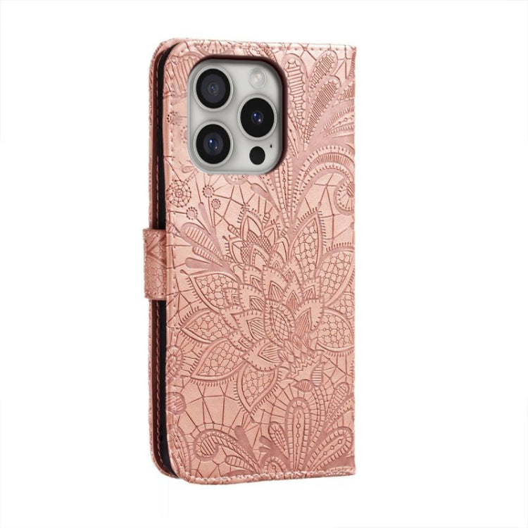 For iPhone 16 Pro Lace Flower Embossing Flip Leather Phone Case(Rose Gold) by buy2fix