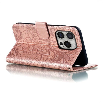 For iPhone 16 Pro Lace Flower Embossing Flip Leather Phone Case(Rose Gold) by buy2fix