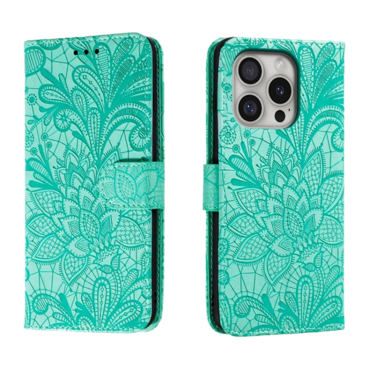 For iPhone 16 Pro Lace Flower Embossing Flip Leather Phone Case(Green) by buy2fix