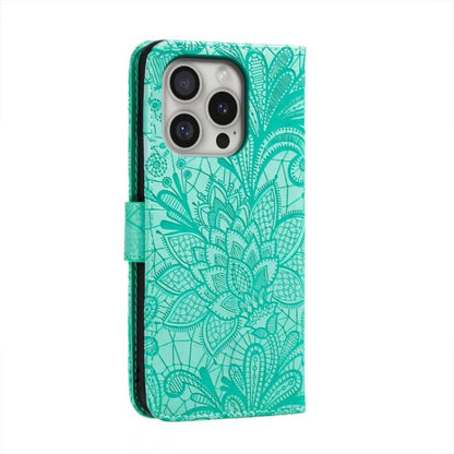 For iPhone 16 Pro Lace Flower Embossing Flip Leather Phone Case(Green) by buy2fix