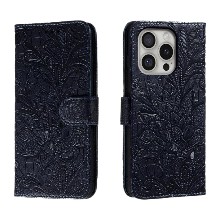 For iPhone 16 Pro Lace Flower Embossing Flip Leather Phone Case(Dark Blue) by buy2fix