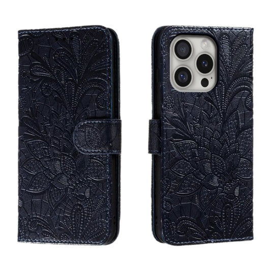 For iPhone 16 Pro Lace Flower Embossing Flip Leather Phone Case(Dark Blue) by buy2fix