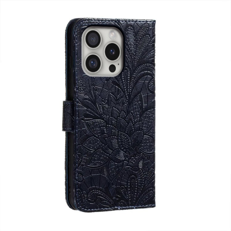 For iPhone 16 Pro Lace Flower Embossing Flip Leather Phone Case(Dark Blue) by buy2fix