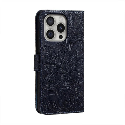 For iPhone 16 Pro Lace Flower Embossing Flip Leather Phone Case(Dark Blue) by buy2fix