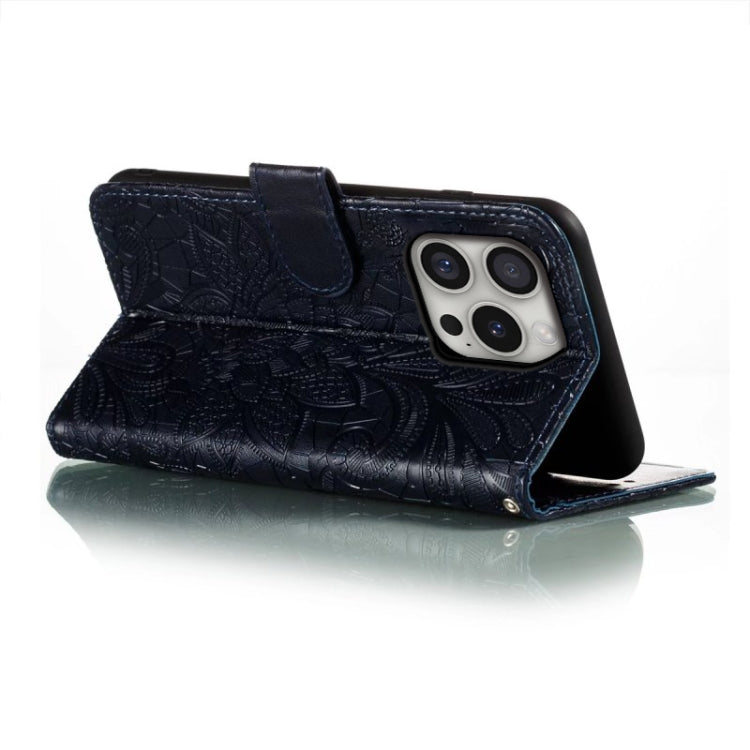 For iPhone 16 Pro Lace Flower Embossing Flip Leather Phone Case(Dark Blue) by buy2fix