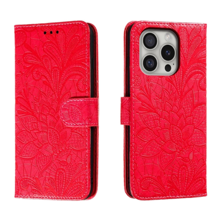 For iPhone 16 Pro Lace Flower Embossing Flip Leather Phone Case(Red) by buy2fix