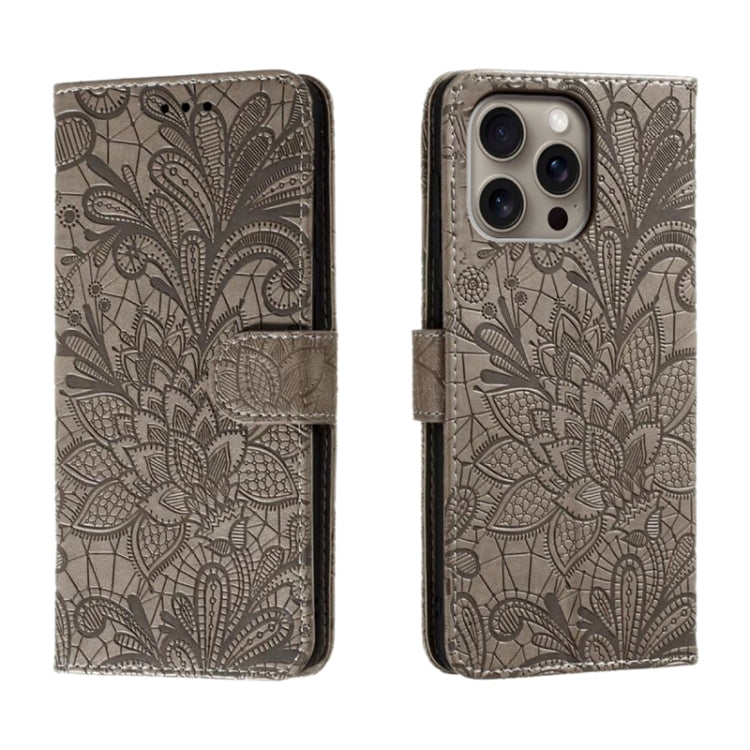 For iPhone 16 Pro Max Lace Flower Embossing Flip Leather Phone Case(Grey) by buy2fix