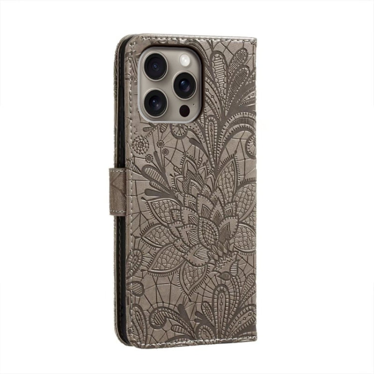 For iPhone 16 Pro Max Lace Flower Embossing Flip Leather Phone Case(Grey) by buy2fix