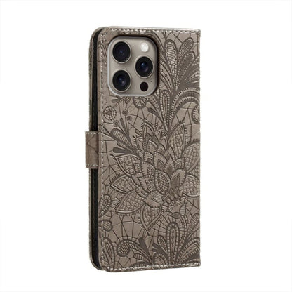 For iPhone 16 Pro Max Lace Flower Embossing Flip Leather Phone Case(Grey) by buy2fix