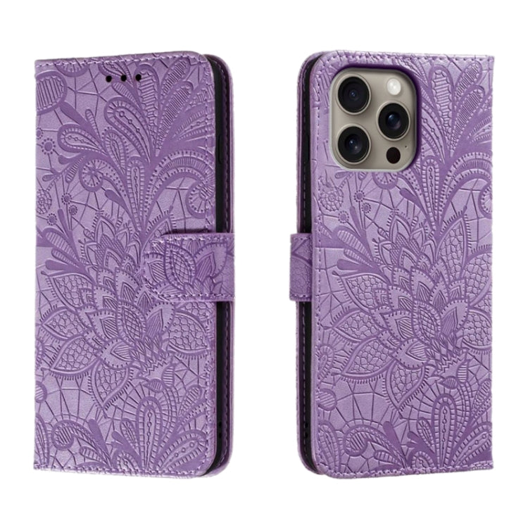 For iPhone 16 Pro Max Lace Flower Embossing Flip Leather Phone Case(Purple) by buy2fix