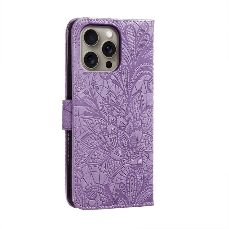For iPhone 16 Pro Max Lace Flower Embossing Flip Leather Phone Case(Purple) by buy2fix
