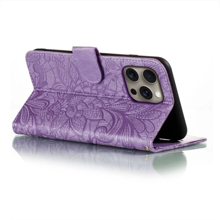 For iPhone 16 Pro Max Lace Flower Embossing Flip Leather Phone Case(Purple) by buy2fix