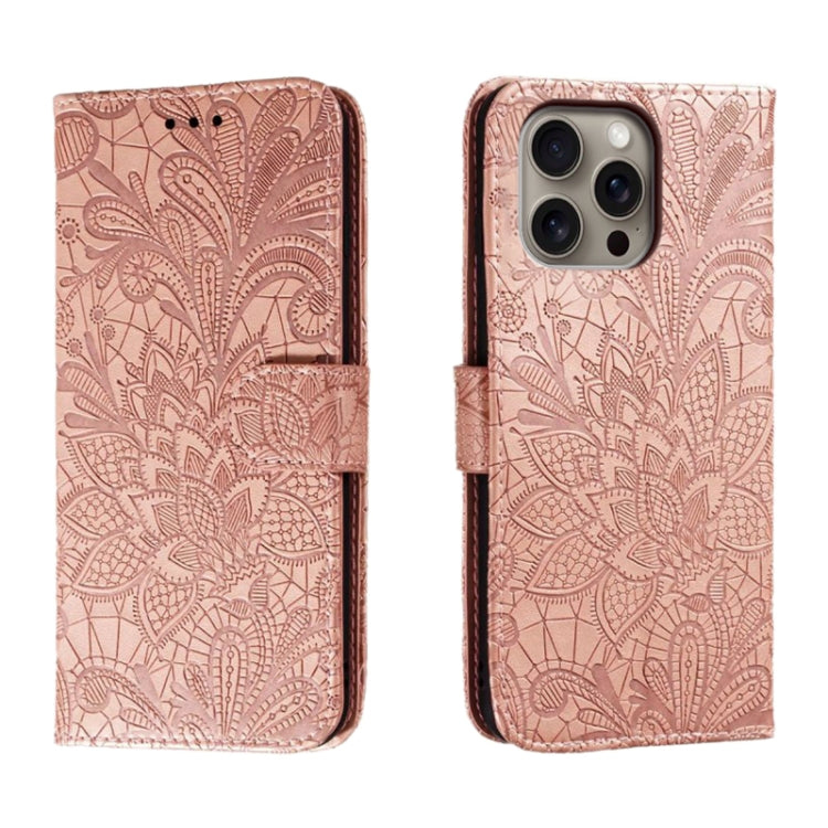 For iPhone 16 Pro Max Lace Flower Embossing Flip Leather Phone Case(Rose Gold) by buy2fix