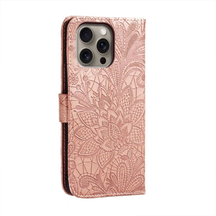 For iPhone 16 Pro Max Lace Flower Embossing Flip Leather Phone Case(Rose Gold) by buy2fix