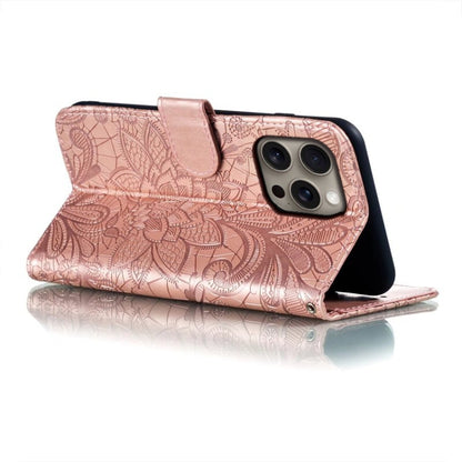 For iPhone 16 Pro Max Lace Flower Embossing Flip Leather Phone Case(Rose Gold) by buy2fix