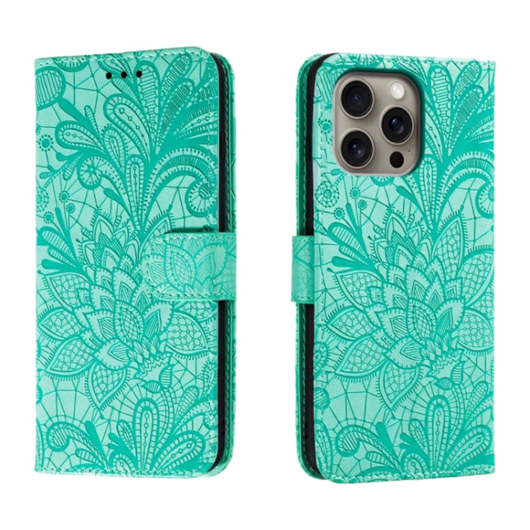 For iPhone 16 Pro Max Lace Flower Embossing Flip Leather Phone Case(Green) by buy2fix