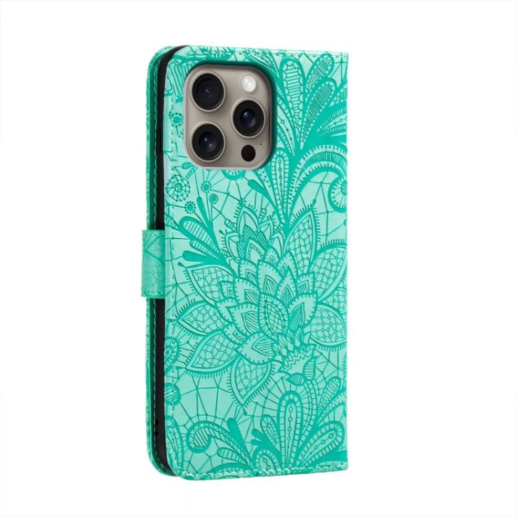 For iPhone 16 Pro Max Lace Flower Embossing Flip Leather Phone Case(Green) by buy2fix
